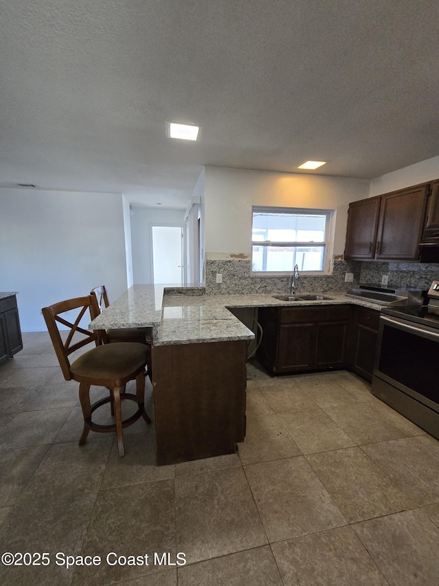 kitchen with sink, a kitchen breakfast bar, kitchen peninsula, stainless steel electric stove, and light stone countertops