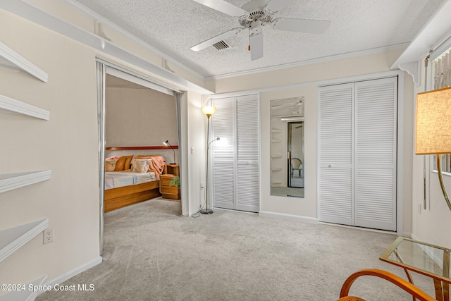 carpeted bedroom featuring ceiling fan, a textured ceiling, and multiple closets