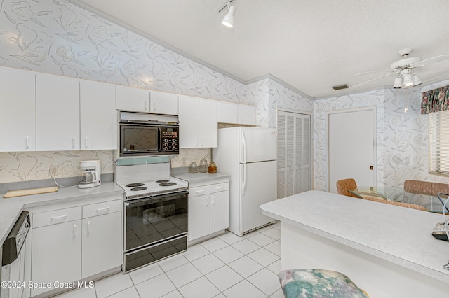 kitchen featuring ornamental molding, white appliances, ceiling fan, light tile patterned floors, and white cabinets