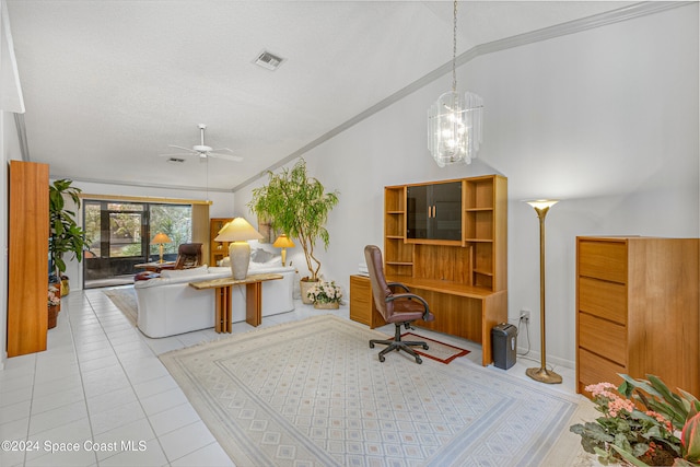 tiled home office with a textured ceiling, ceiling fan, and ornamental molding