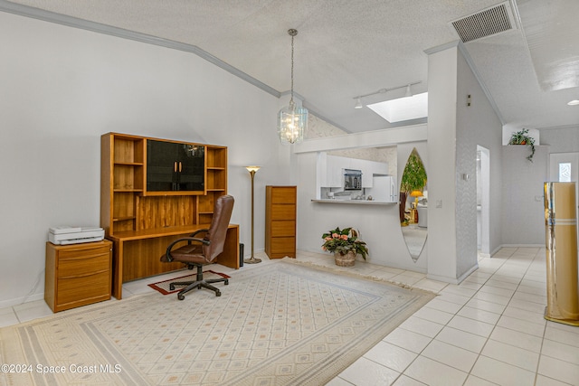 tiled home office featuring a textured ceiling, high vaulted ceiling, and crown molding