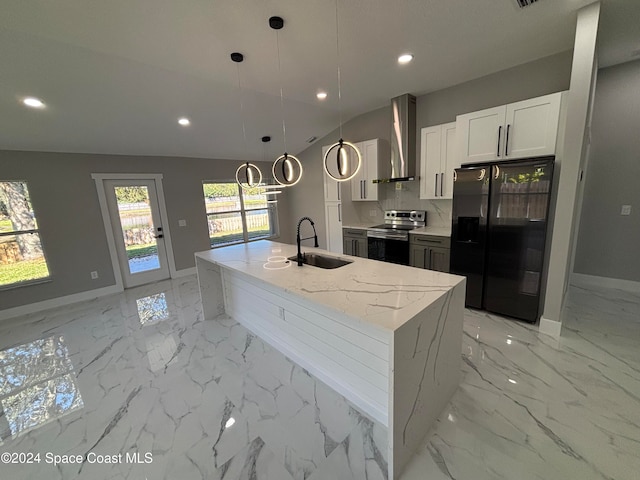 kitchen with white cabinetry, sink, wall chimney exhaust hood, stainless steel range with electric stovetop, and black fridge with ice dispenser