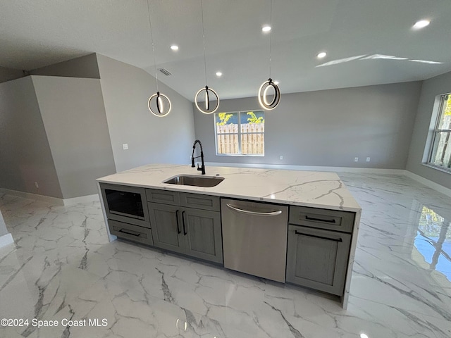 kitchen featuring dishwasher, pendant lighting, plenty of natural light, and sink