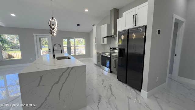 kitchen featuring white cabinetry, electric range, hanging light fixtures, light stone counters, and black refrigerator with ice dispenser