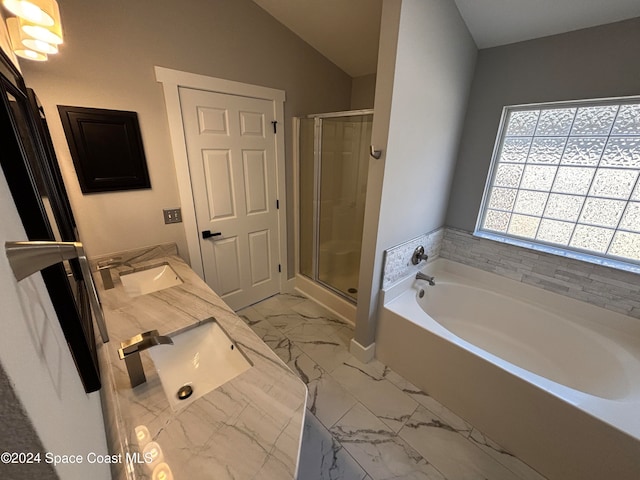 bathroom with vanity, plus walk in shower, and vaulted ceiling