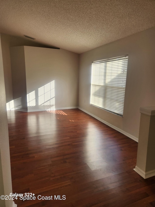 empty room with dark hardwood / wood-style floors, plenty of natural light, and a textured ceiling