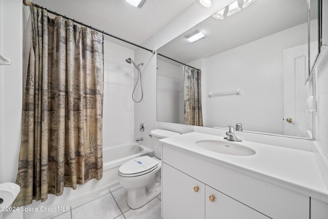 full bathroom with tile patterned floors, vanity, a textured ceiling, shower / bathtub combination with curtain, and toilet