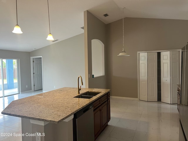 kitchen with dishwasher, decorative light fixtures, lofted ceiling, and sink