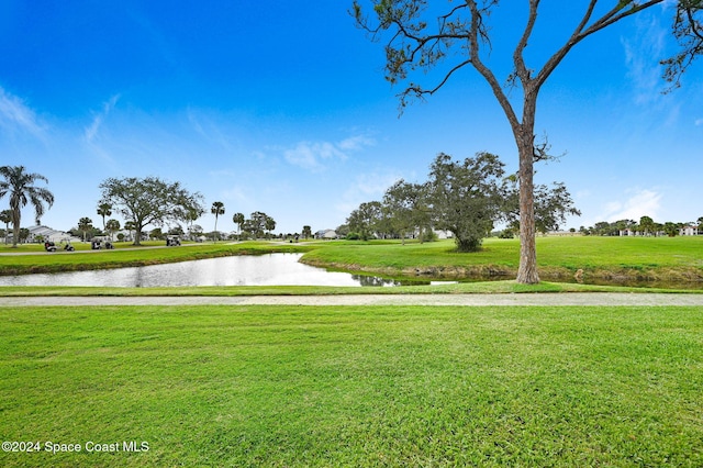 view of community with a lawn and a water view