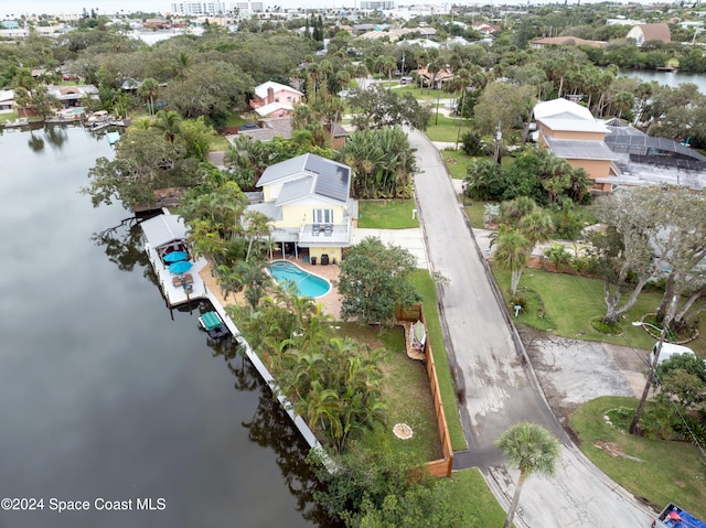 drone / aerial view featuring a water view