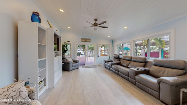 491 Indian Creek Dr, Cocoa Beach, FL 32931 - living area featuring wood ceiling, light wood-style floors, ceiling fan, lofted ceiling, and recessed lighting