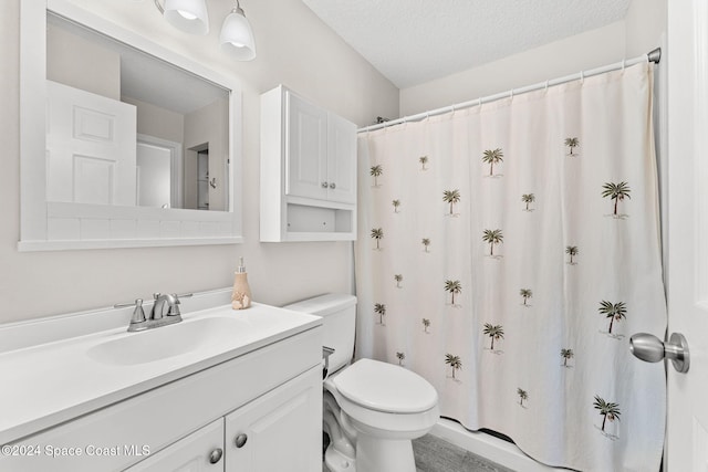 bathroom with vanity, a shower with curtain, toilet, a textured ceiling, and wood-type flooring