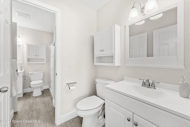 bathroom with vanity, wood-type flooring, a textured ceiling, and toilet