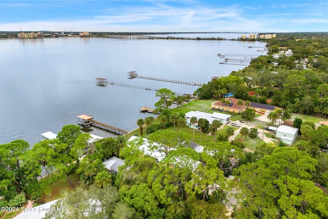 drone / aerial view featuring a water view