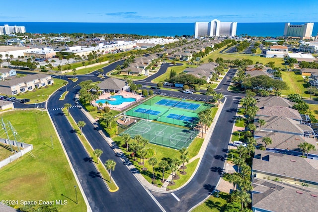 bird's eye view with a water view