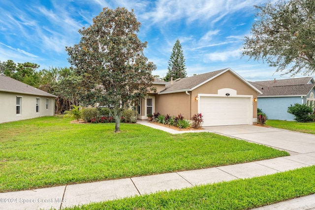 2122 Spring Creek Cir NE, Palm Bay, FL 32905 - ranch-style home with a garage, stucco siding, concrete driveway, a front yard, and roof with shingles