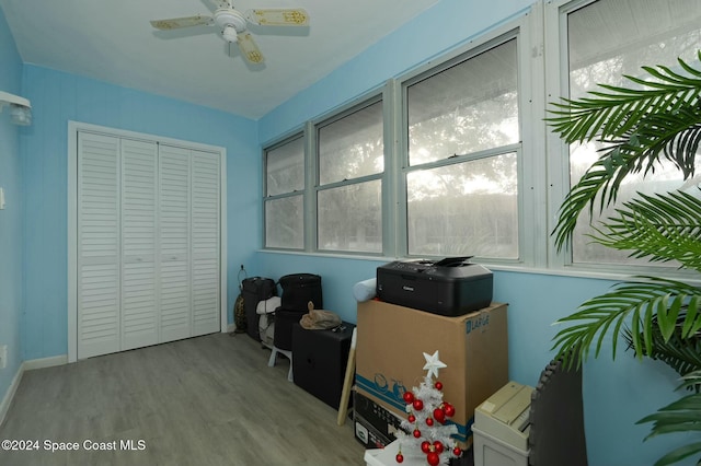 storage room featuring ceiling fan