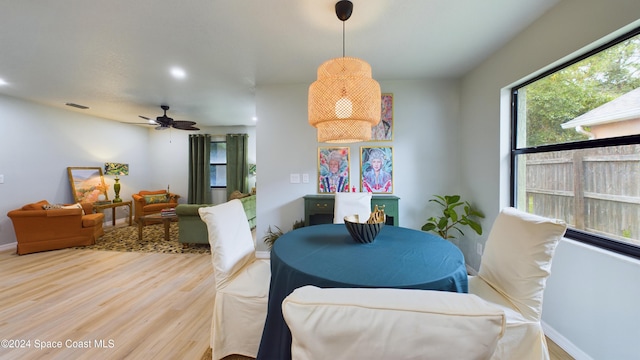 dining room featuring ceiling fan and wood-type flooring