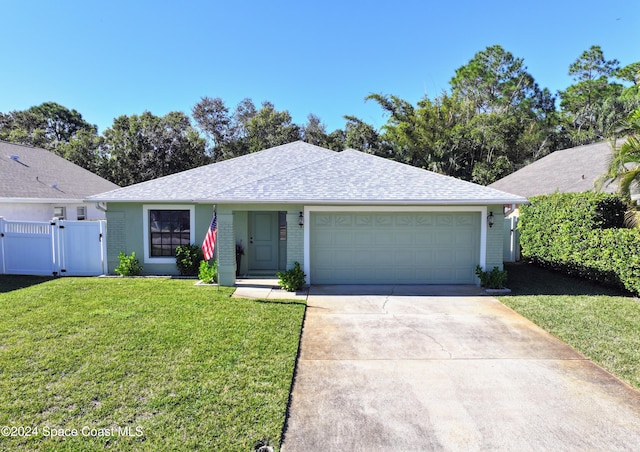 ranch-style home featuring a front yard and a garage