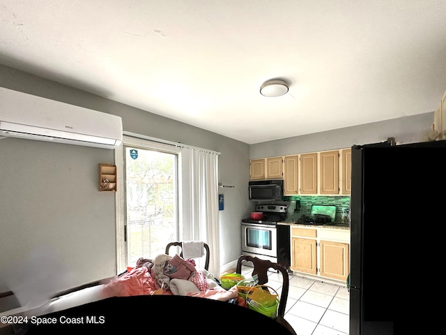 kitchen featuring light brown cabinetry, backsplash, black appliances, light tile patterned floors, and an AC wall unit