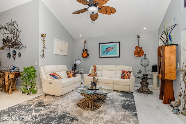 living room with ceiling fan and vaulted ceiling