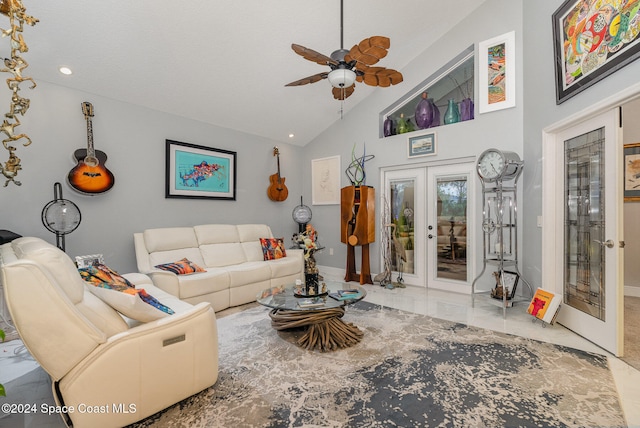 living room featuring tile patterned floors, ceiling fan, french doors, and high vaulted ceiling