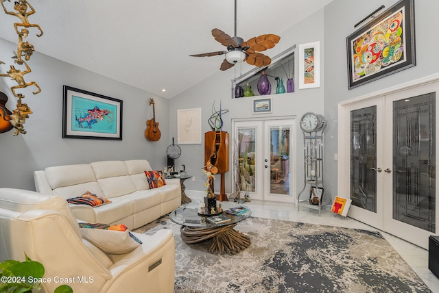 living room with french doors, high vaulted ceiling, and ceiling fan