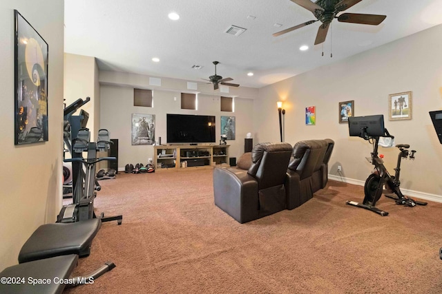 carpeted living area with baseboards, a ceiling fan, visible vents, and recessed lighting