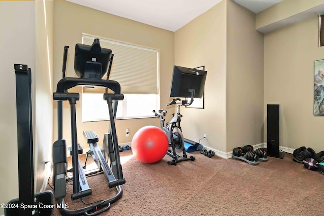 exercise room featuring carpet floors and baseboards