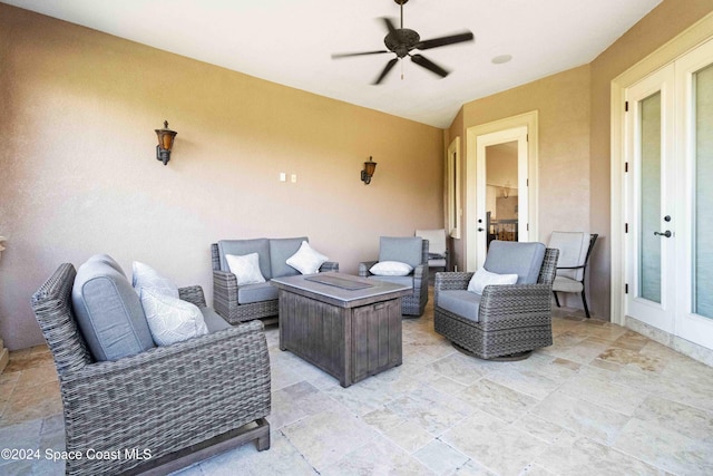 view of patio / terrace with french doors, an outdoor hangout area, and ceiling fan