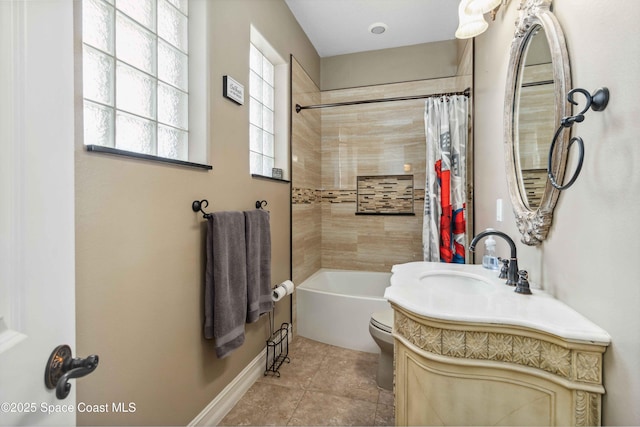 bathroom featuring vanity, tile patterned flooring, shower / bath combination with curtain, and toilet