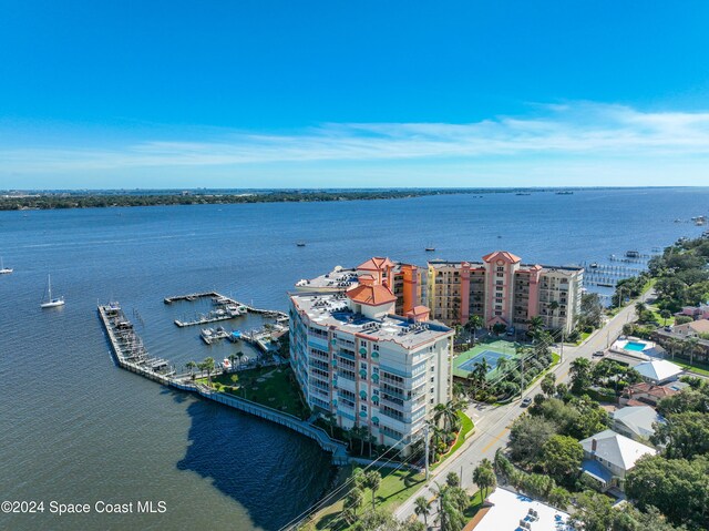 bird's eye view with a water view