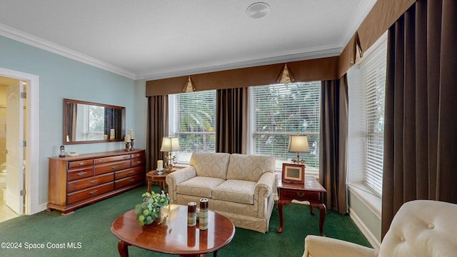 carpeted living room with crown molding