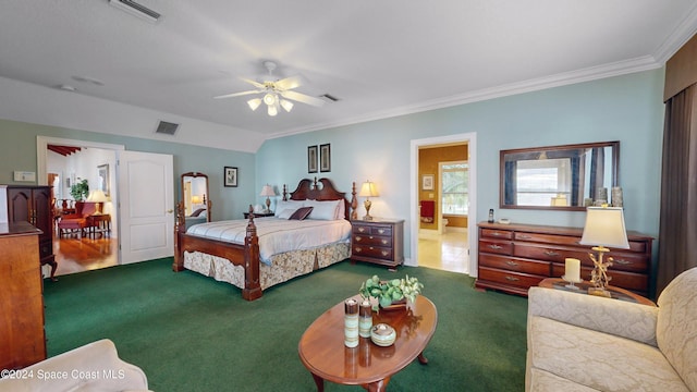 bedroom featuring dark colored carpet, ceiling fan, and crown molding