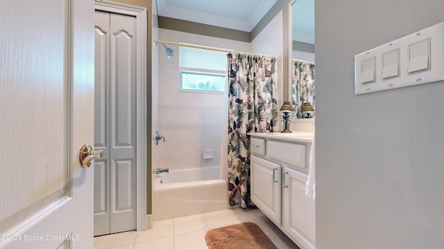 bathroom featuring tile patterned flooring, vanity, shower / bath combo with shower curtain, and crown molding