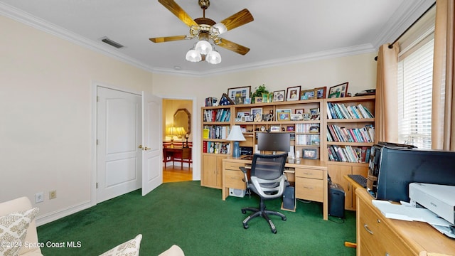 carpeted office with crown molding and ceiling fan