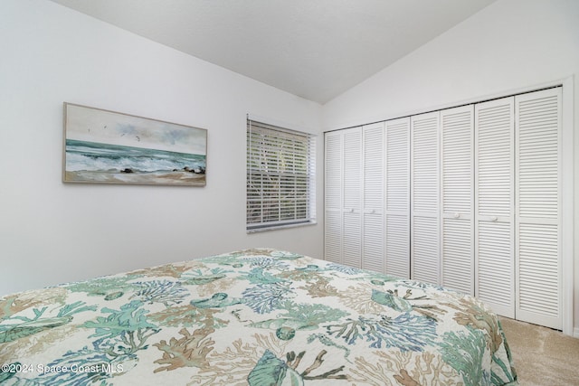 bedroom with carpet, lofted ceiling, and a closet