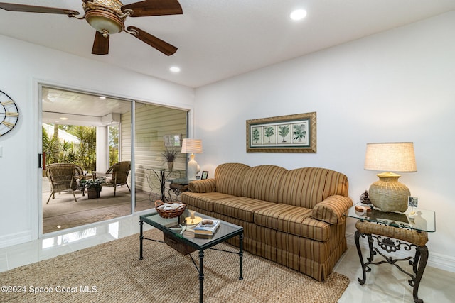 living room featuring ceiling fan