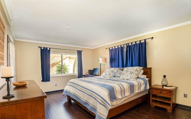 bedroom with dark hardwood / wood-style floors and crown molding