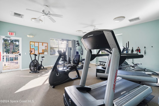 exercise room with carpet flooring and ceiling fan