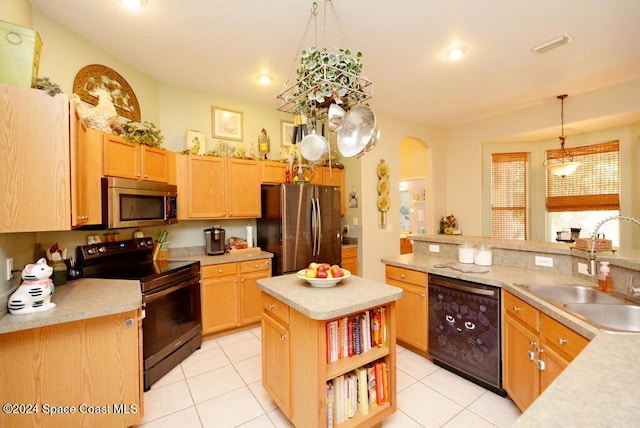 kitchen with sink, black appliances, light tile patterned floors, a kitchen island, and hanging light fixtures