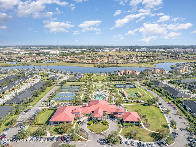 drone / aerial view with a water view