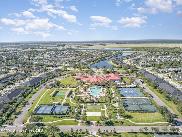 drone / aerial view with a water view