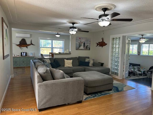 living room featuring a wall mounted AC, a healthy amount of sunlight, light hardwood / wood-style floors, and a textured ceiling