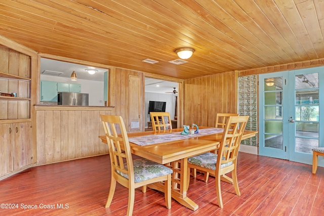 dining space with hardwood / wood-style flooring, wood walls, and wood ceiling