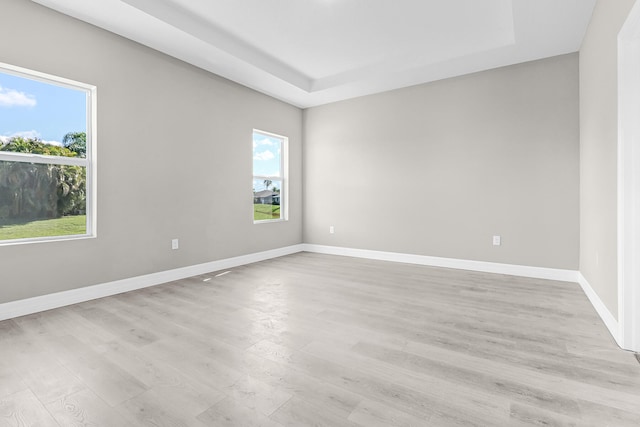 unfurnished room featuring light hardwood / wood-style floors, a raised ceiling, and plenty of natural light