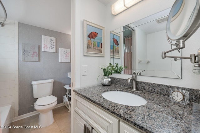 641 Ridge Club Dr Unit 21, Melbourne, FL 32934 - bathroom with toilet, vanity, tile patterned floors, and shower / bath combo with shower curtain