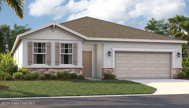 view of front of home featuring a front yard and a garage