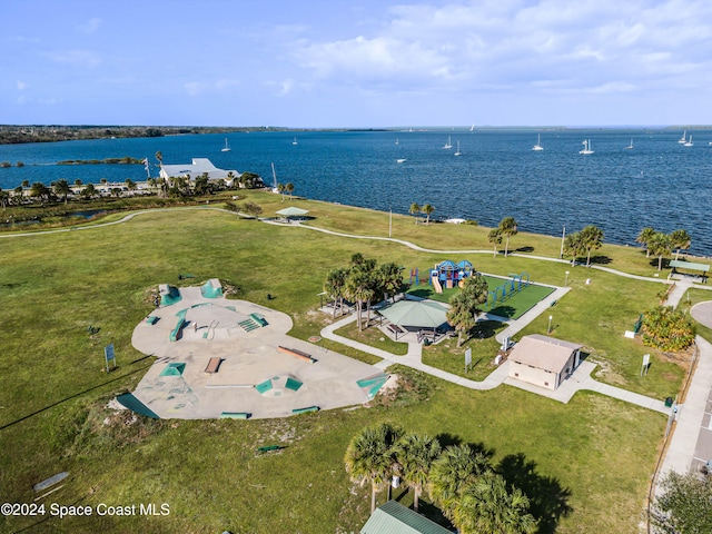 birds eye view of property featuring a water view