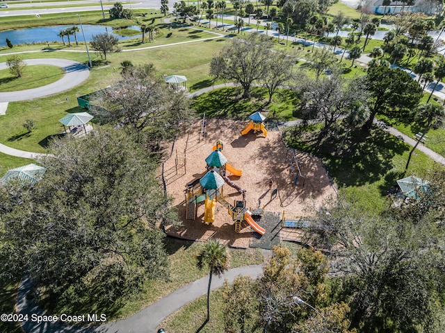 drone / aerial view with a water view